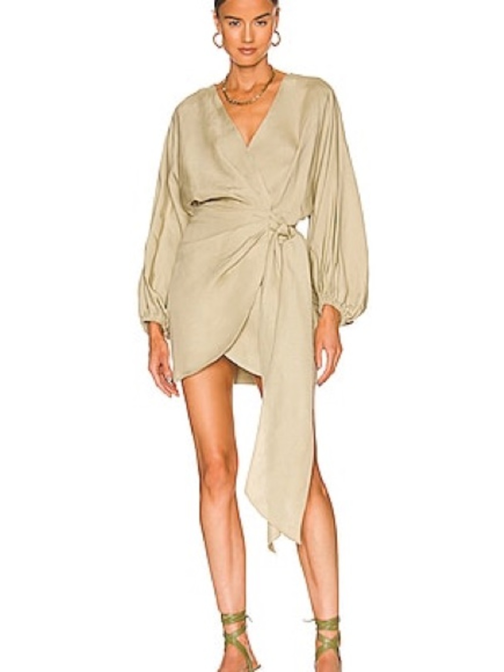 V-Neck Tie-Waist Long Sleeve Mini Dress in Cream